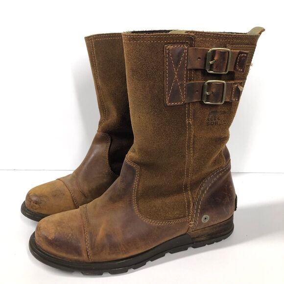 Sorel Major Pull On Boots Tan Brown Leather Mid Calf Buckle Moto 6.5 Nl2166-242 - Picture 1 of 12